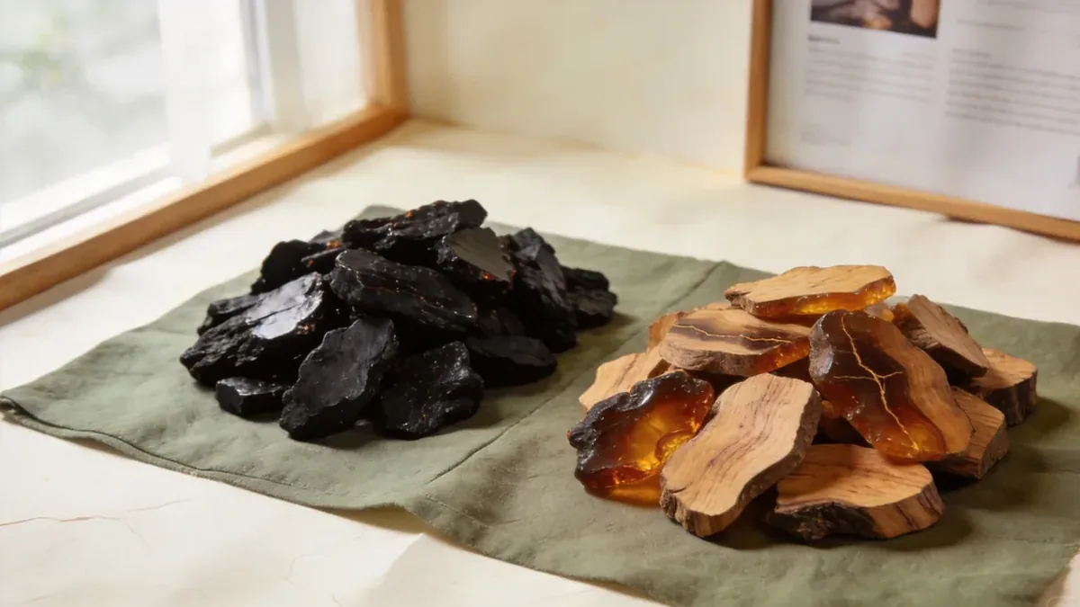 Agarwood pieces in two groups on sage cloth, sinking and floating grades