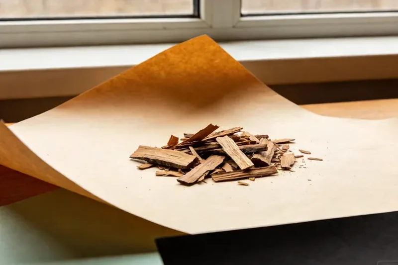 Dark resin-veined agarwood pieces arranged on warm rice paper.