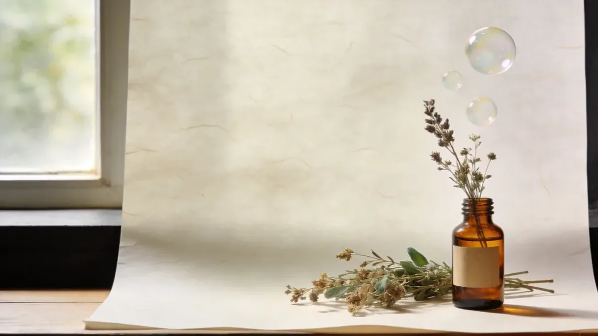 Dried herbs and a small amber bottle with delicate molecule spheres drifting above.