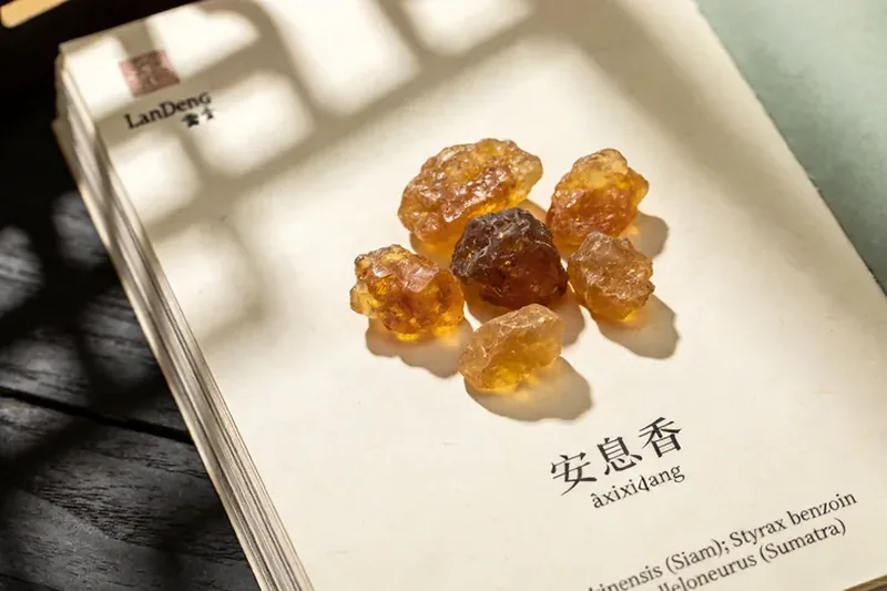 Amber-brown benzoin resin lumps in a ceramic dish.