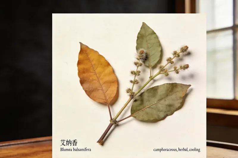 Raw Blumea balsamifera botanical material, editorial still life