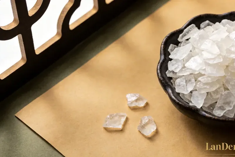 Translucent white borneol crystals in a dark ceramic dish.