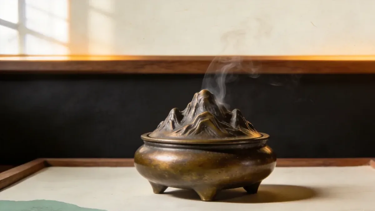 Ancient Chinese Boshan bronze mountain censer with smoke rising