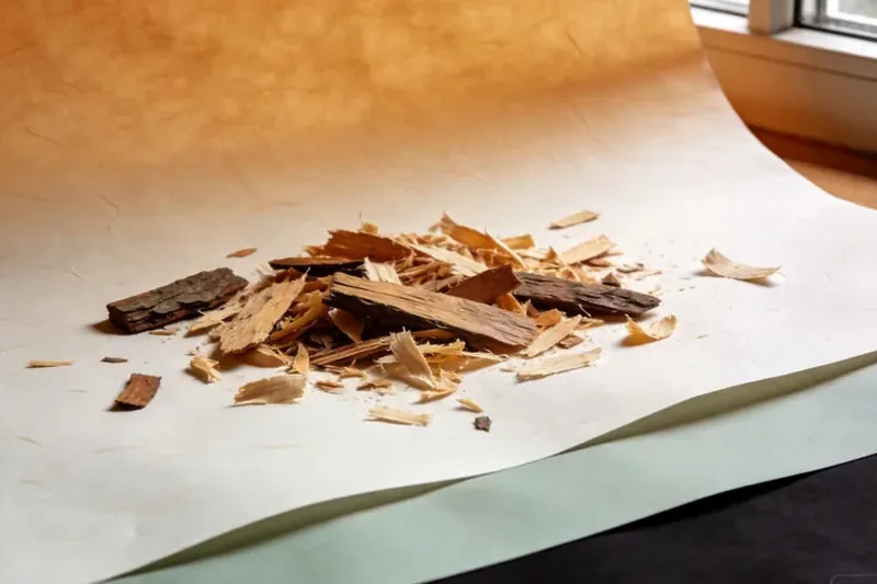 Raw Camphor (Cinnamomum camphora) botanical material, editorial still life