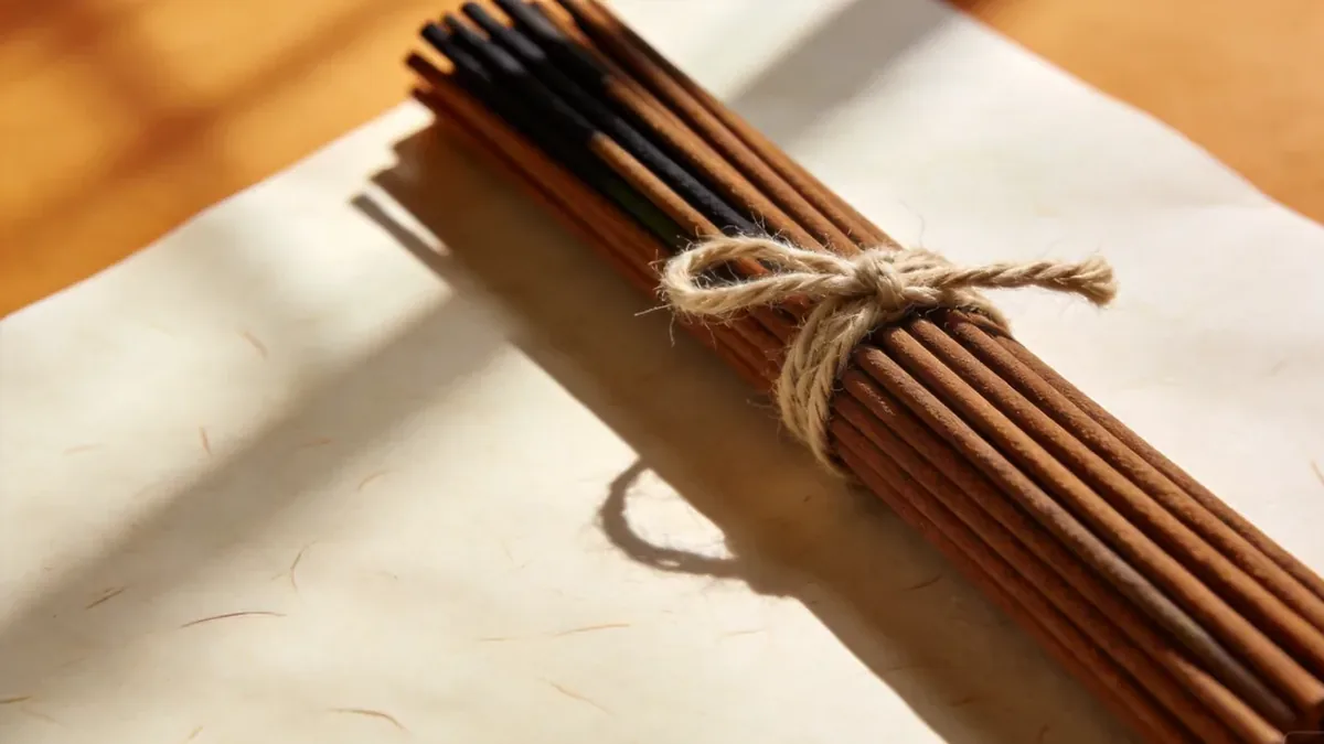 Bundle of hand-made Chinese incense sticks tied with cotton twine on rice paper