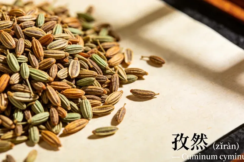 Raw Cumin (Cuminum cyminum) botanical material, editorial still life