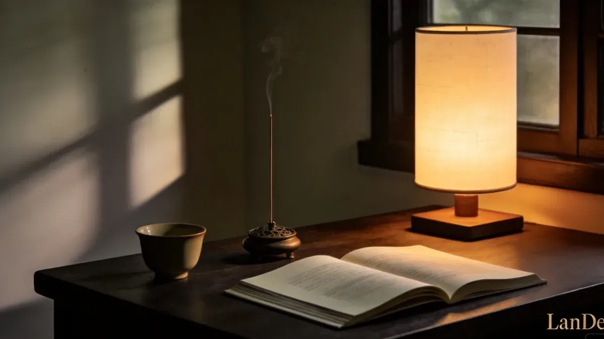 Quiet evening scene with tea cup, censer and open book on a dark wood desk