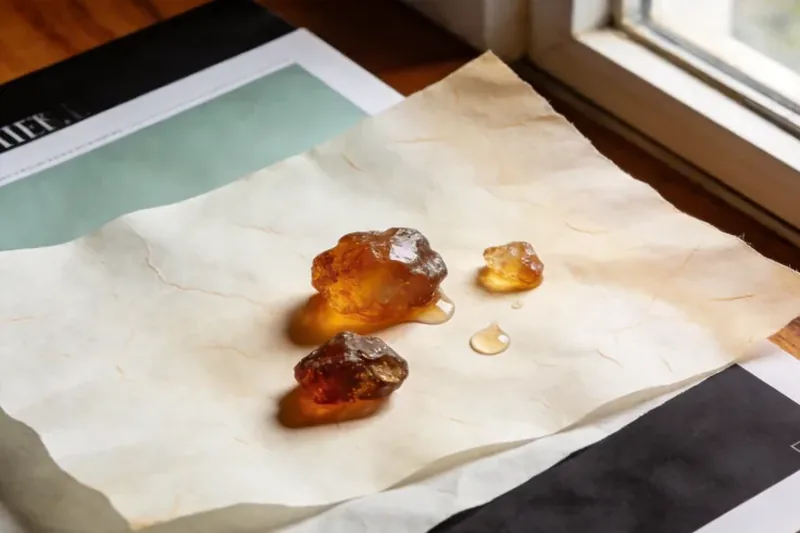Pale golden frankincense resin tears in a shallow dish.