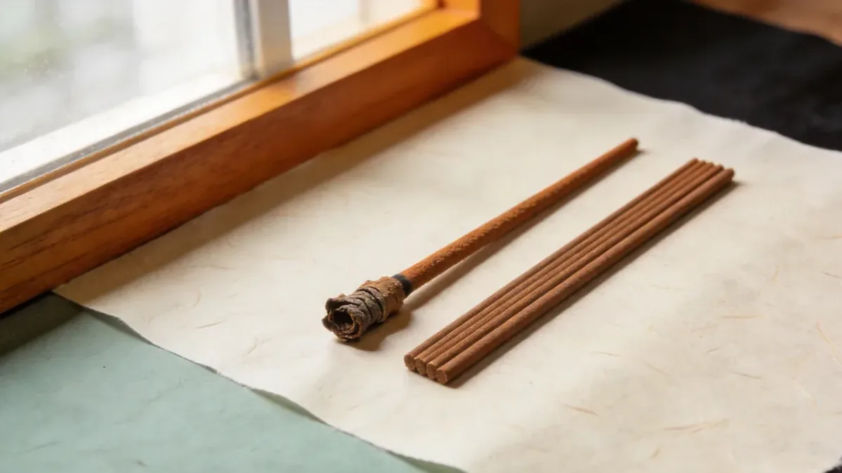 Two incense sticks side by side: hand-rolled versus machine-made comparison