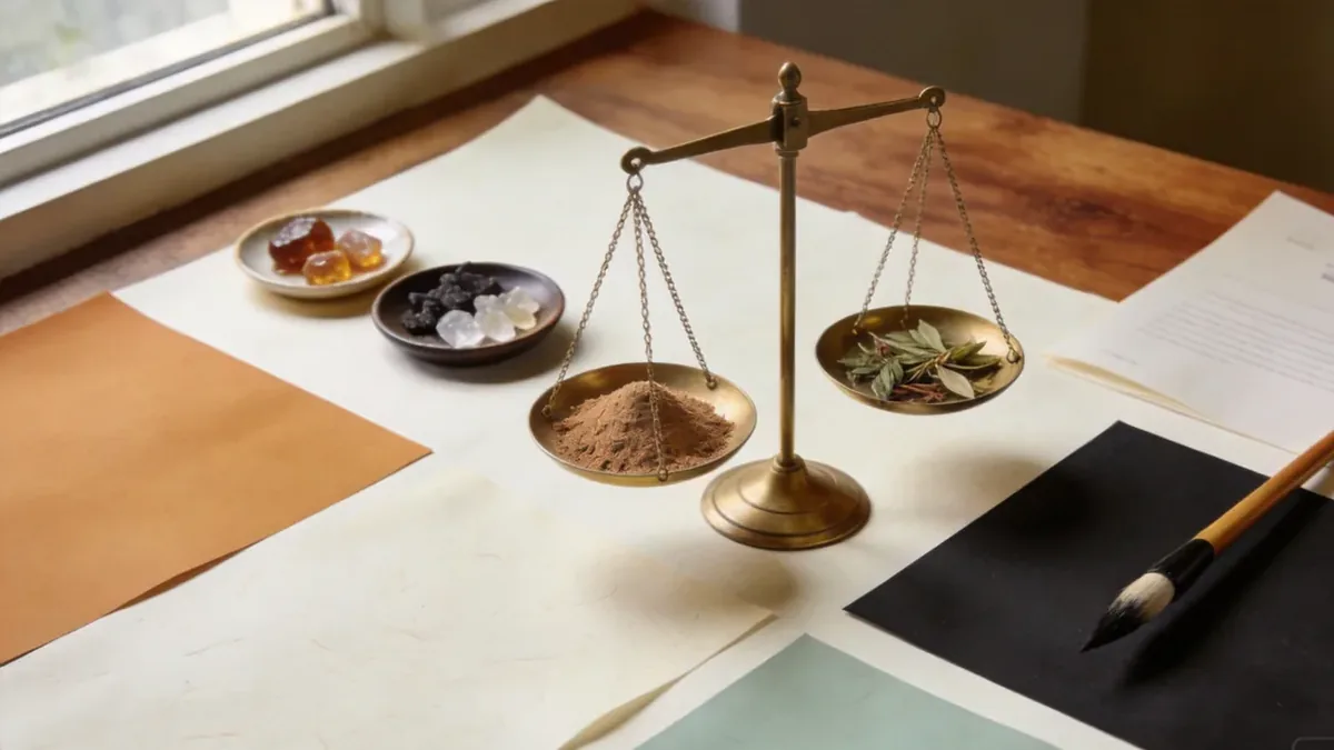 Flat lay of incense blending with brass scale weighing wood powder