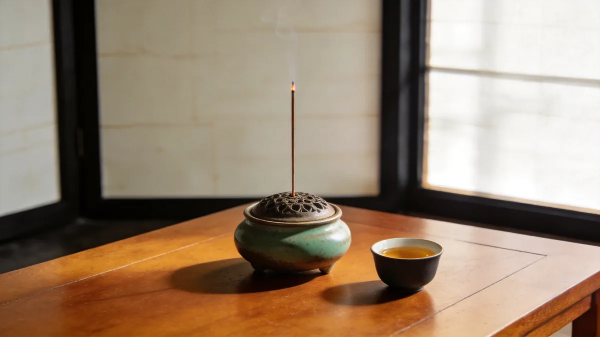 A lit incense stick in a ceramic censer beside a cup of tea on a warm wood table