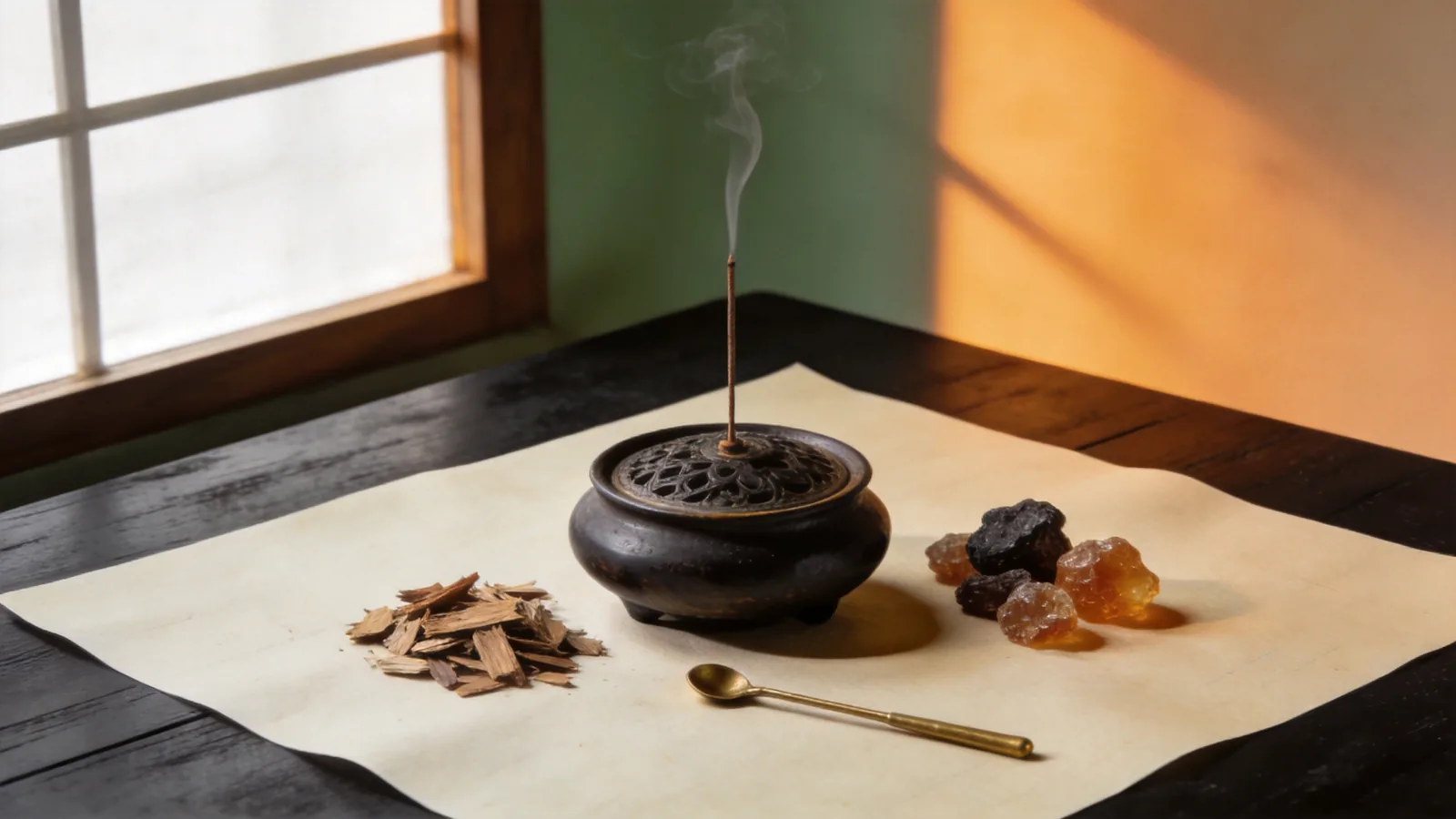 Incense smoke rising from a dark ceramic censer surrounded by botanical materials and brass tools, warm amber light