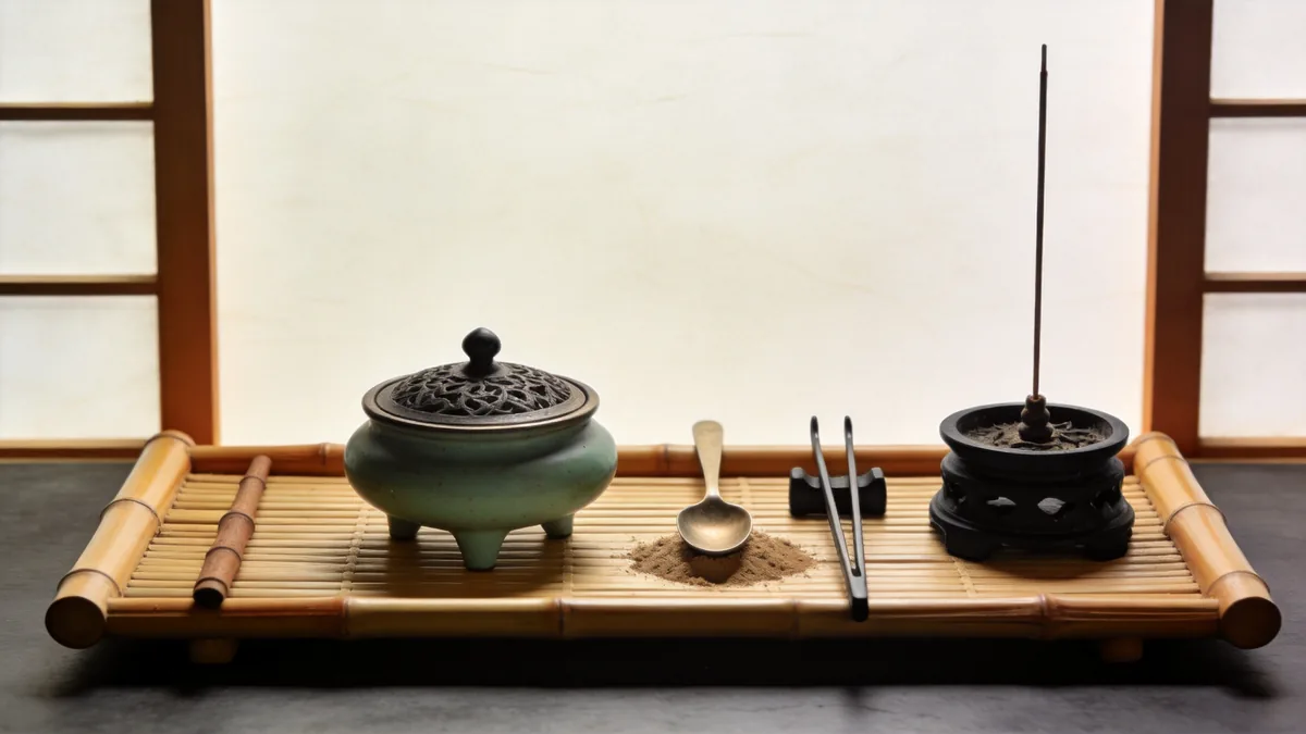 Traditional Chinese incense utensils arranged on a bamboo tray beside a small censer