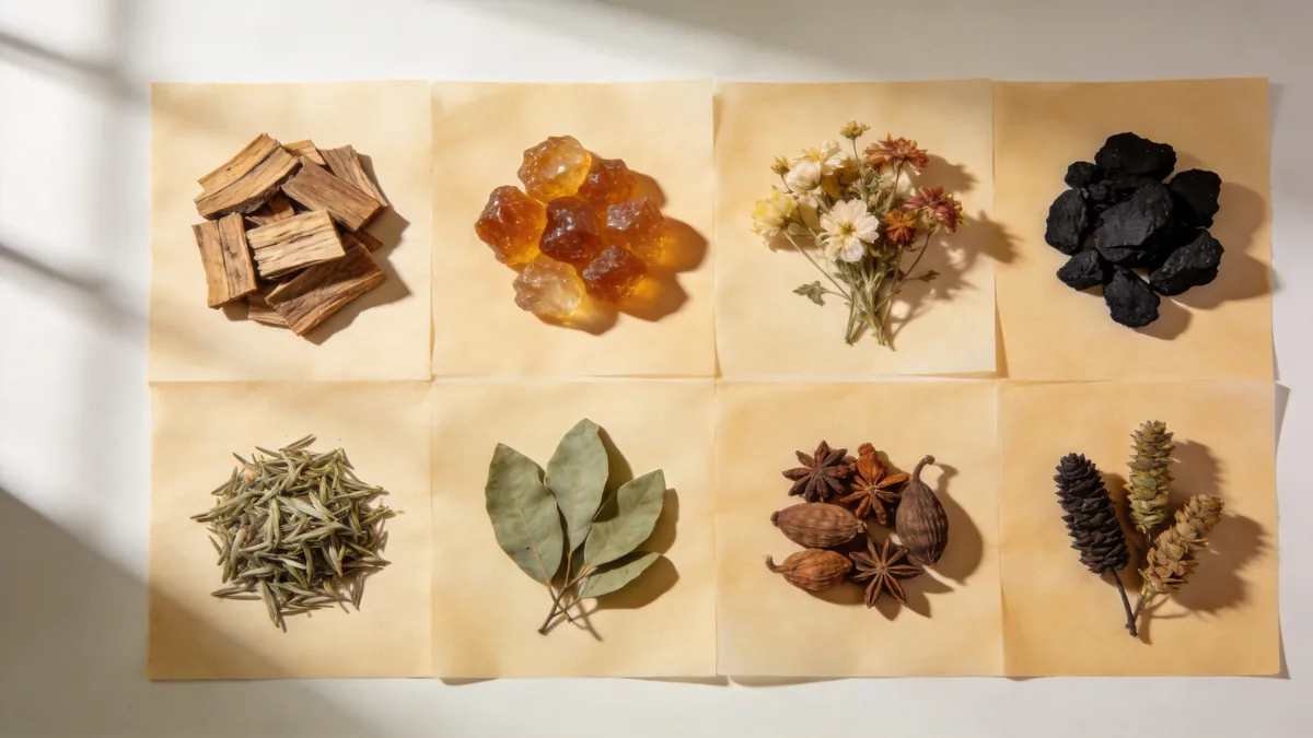The five Chinese incense material families — woods, resins, flowers, herbs and spices — arranged on rice paper