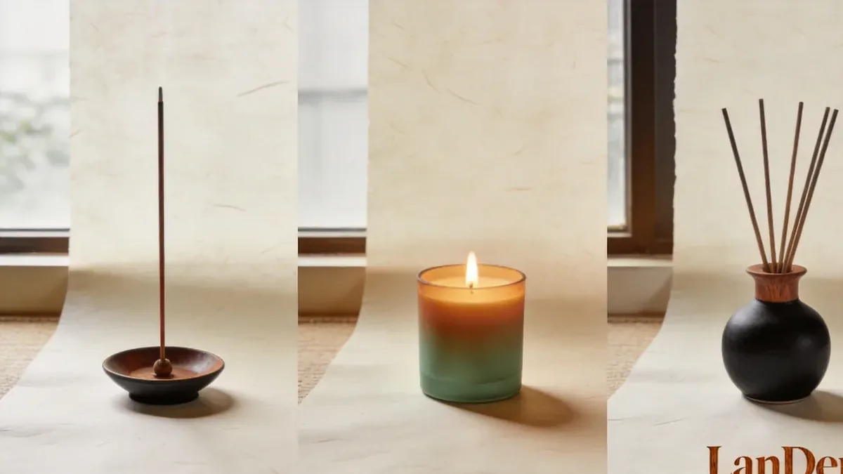 An incense stick, a candle, and a reed diffuser arranged side by side.