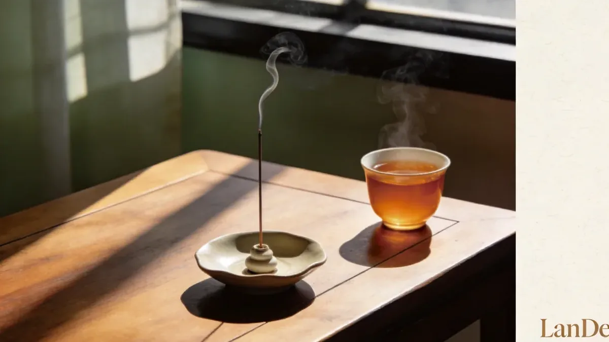 Tea and a thin line of incense smoke on a table in soft morning light.