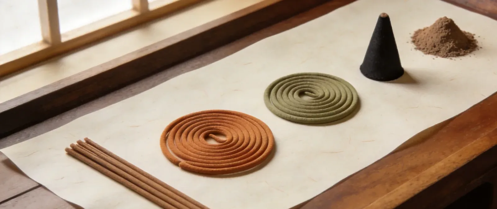 Editorial lineup of incense formats: sticks, spiral coil, backflow cone, powder mound on rice paper
