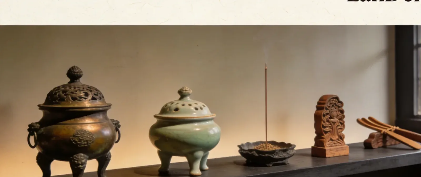 Wide banner of incense artifacts across eras on a dark museum shelf