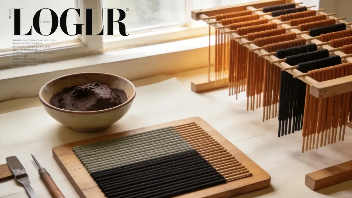 Freshly extruded incense sticks drying on a wooden board.