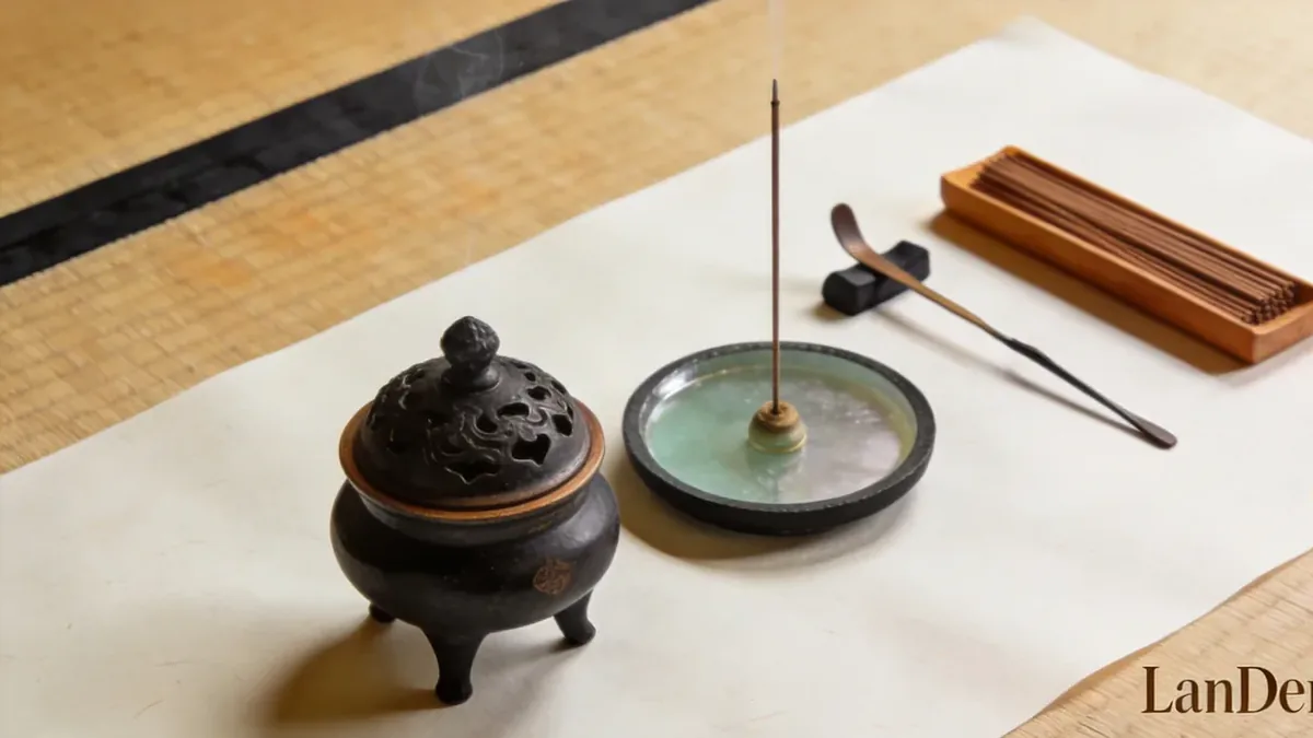 Japanese kodo ceremony utensils: koro burner, mica plate and tools on tatami