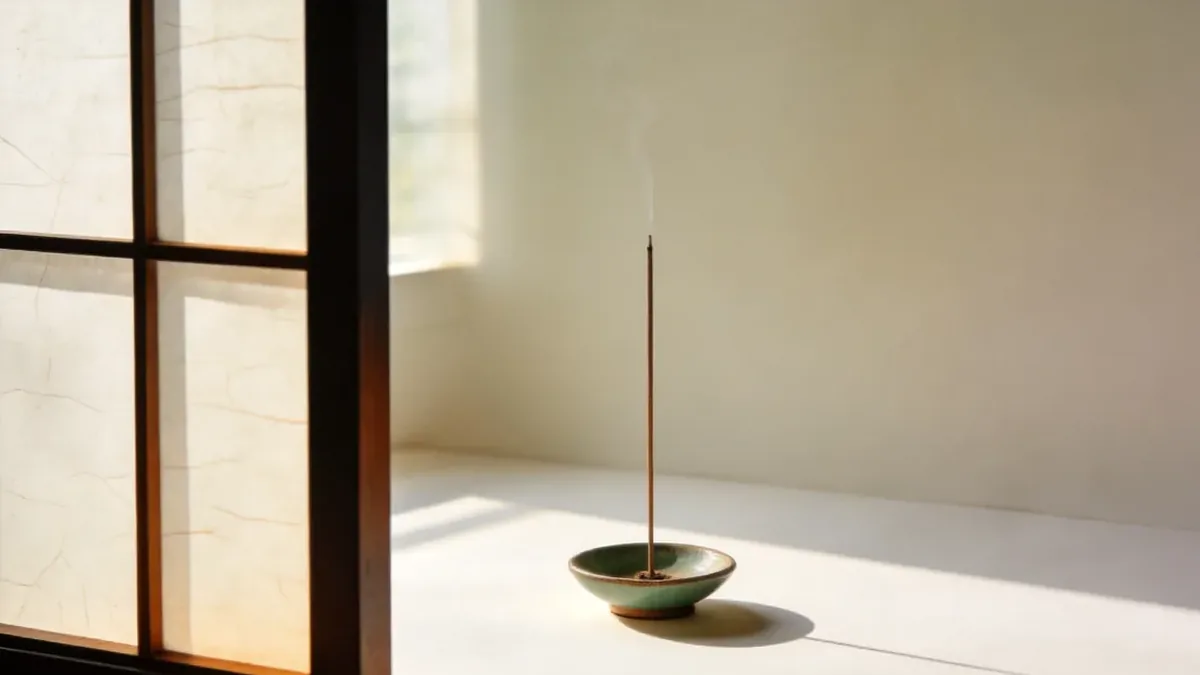 One incense stick in a tiny ceramic holder on an empty warm-white surface
