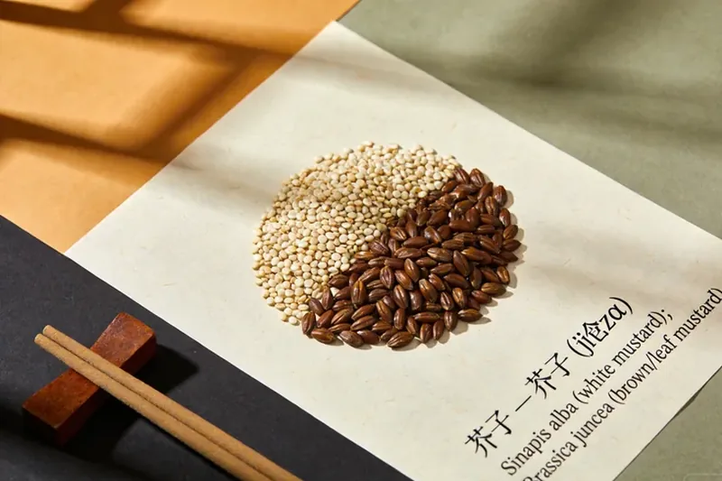 Raw Mustard Seed (Sinapis alba / Brassica juncea) botanical material, editorial still life