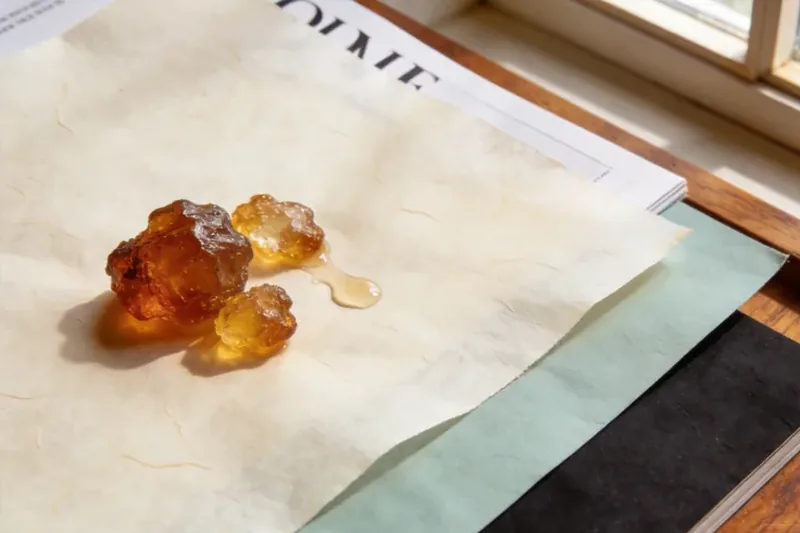 Dark reddish-brown myrrh resin tears on a stone dish.