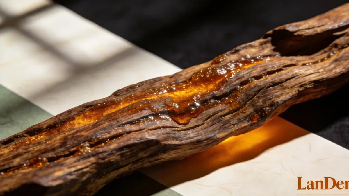 Extreme close-up of qinan agarwood surface with rich resin veins and oily texture