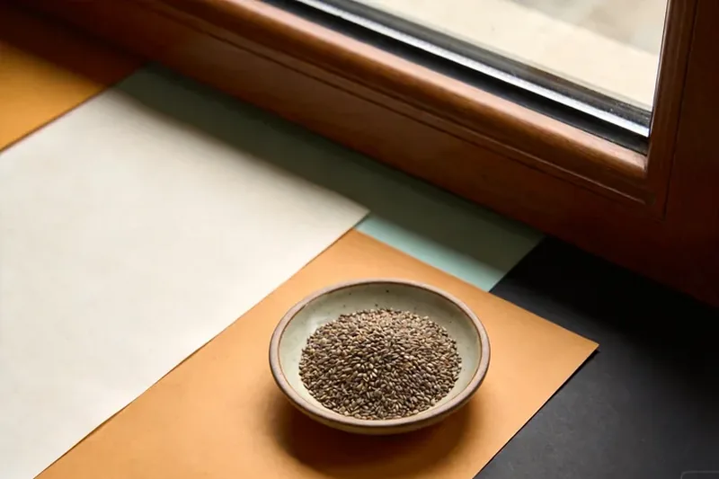 Small pile of cypress seeds in a ceramic dish, rustic still life