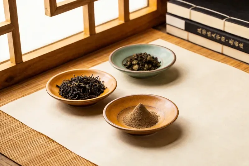 Tea leaves and a small mound of incense powder in matching ceramic dishes