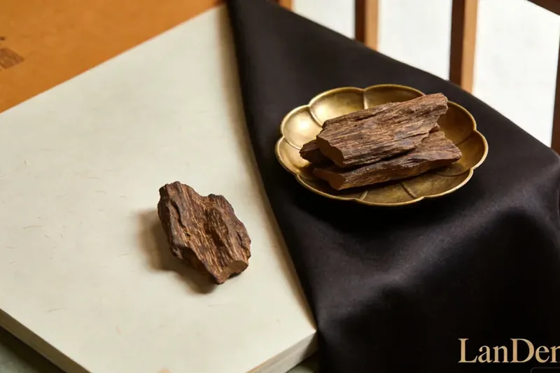 Refined agarwood pieces and a small gold-accented dish on dark silk