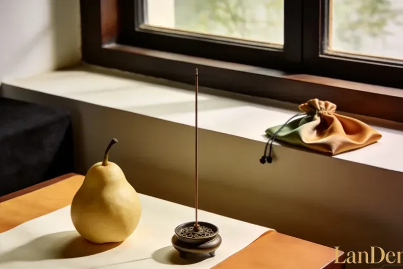 A pear with a small censer and silk cloth in soft window light