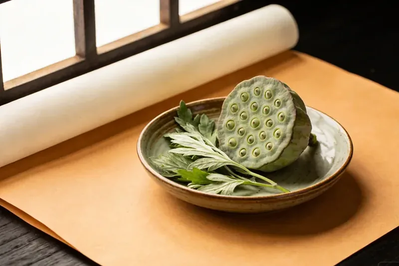 Lotus pod and summer aromatics in a ceramic dish