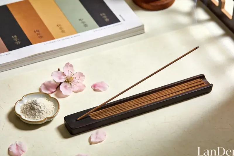 Plum blossom petals with small dishes of pale aromatic powders