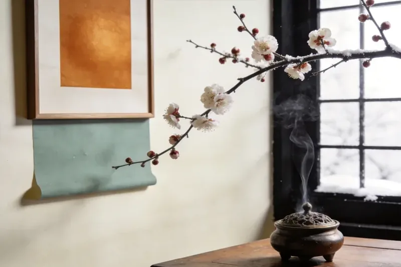 Plum blossoms on a winter branch beside a small smoking censer