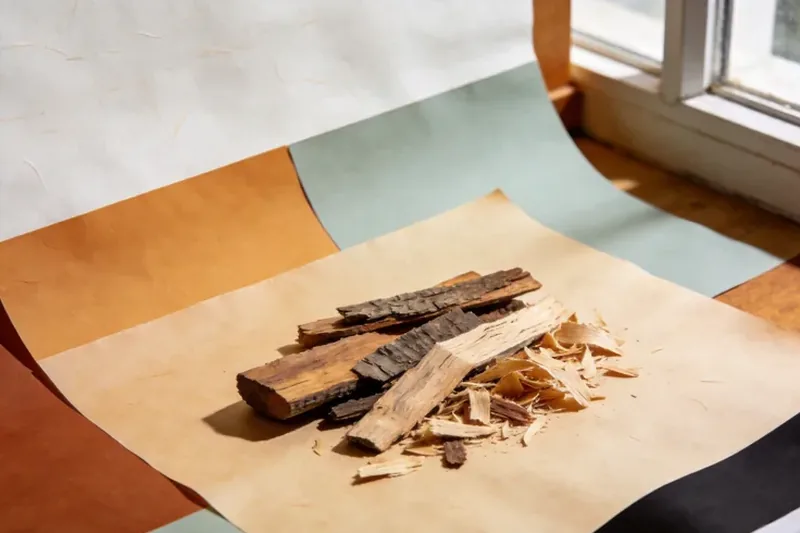 Raw Red Sandalwood (Pterocarpus santalinus) botanical material, editorial still life
