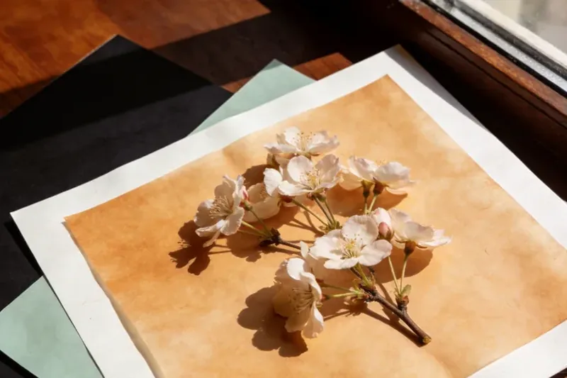 Small dried rose buds in a ceramic dish.
