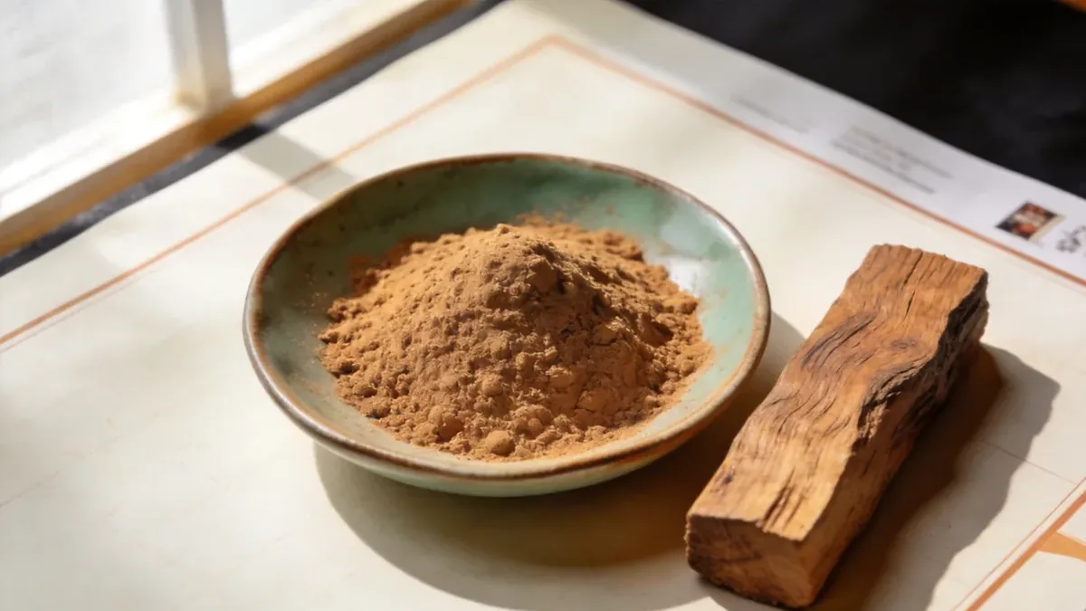 Sandalwood powder in a ceramic dish beside a raw sandalwood block
