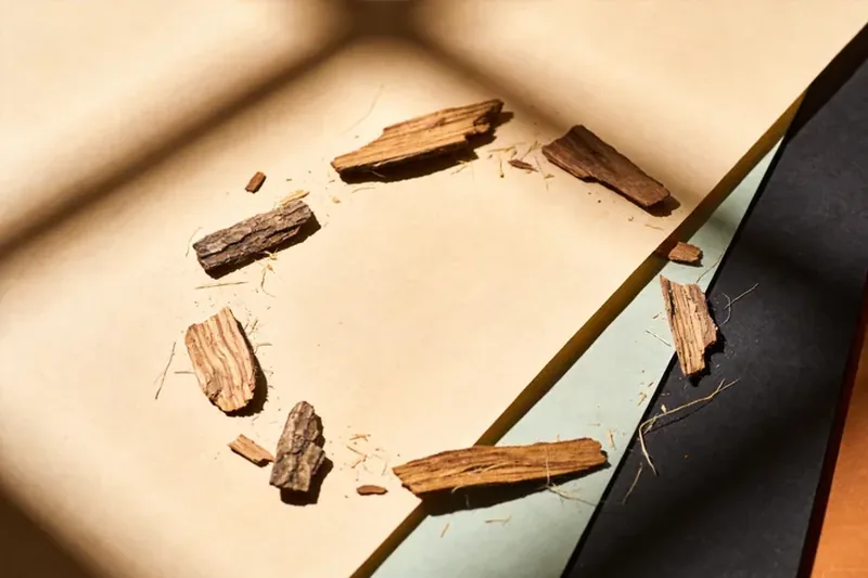 Creamy sandalwood slices and powder on rice paper.