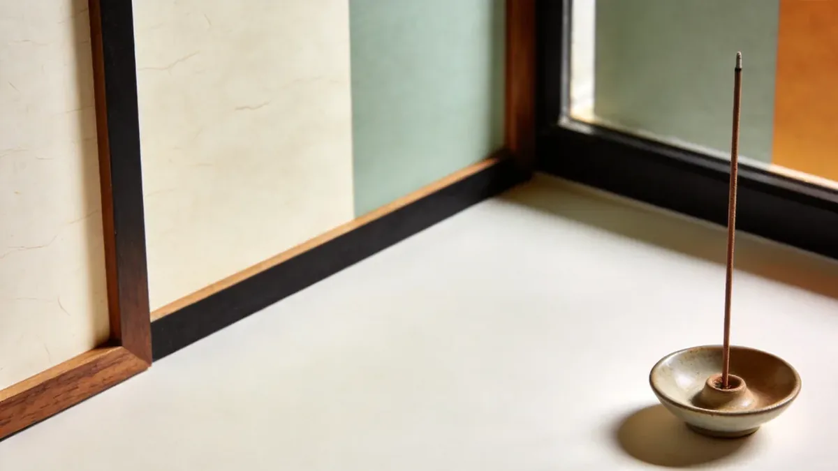 Three calm scenes of incense use: meditation, evening rest, and a work desk.