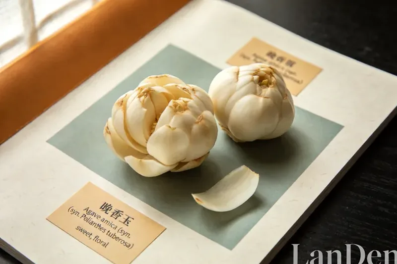 Raw Tuberose (Agave amica) botanical material, editorial still life