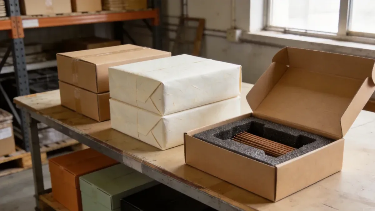 Neutral kraft export packaging boxes on a warehouse table
